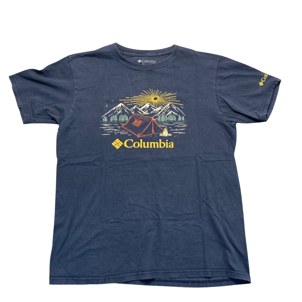 Columbia Mens Medium Navy Blue Camping Graphic T-Shirt Mountain Tent Logo Tee